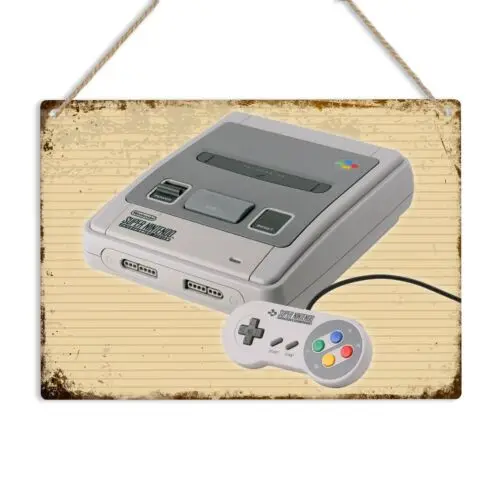 Placa de Metal SNES Retrô para Console de Jogos - Pôster Gamer de Parede em Alumínio