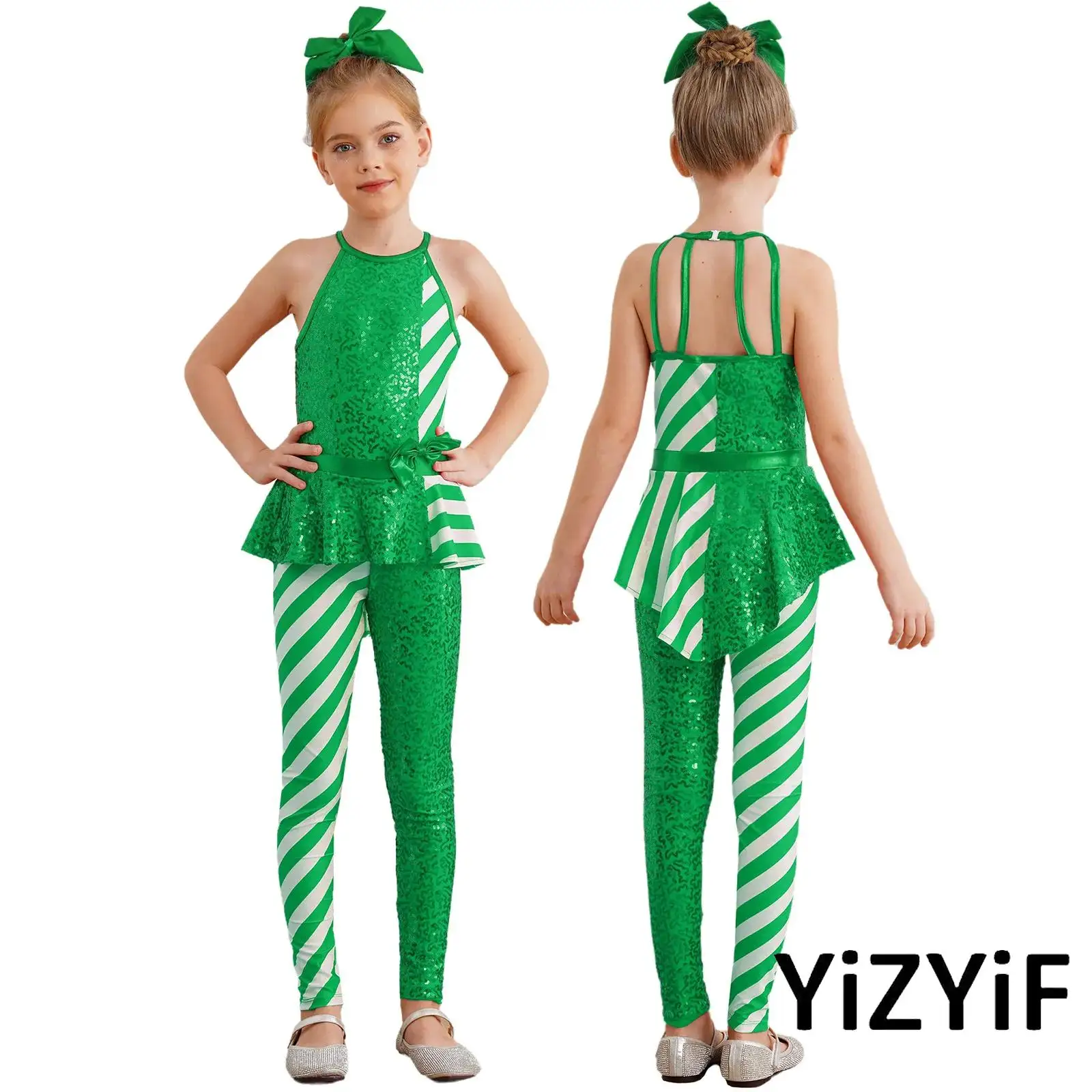 

Kids Girls Christmas Candy Cane Costume Xmas Carnival Party Stage Performance Santa Claus Unitard Gymnastics Dance Jumpsuit