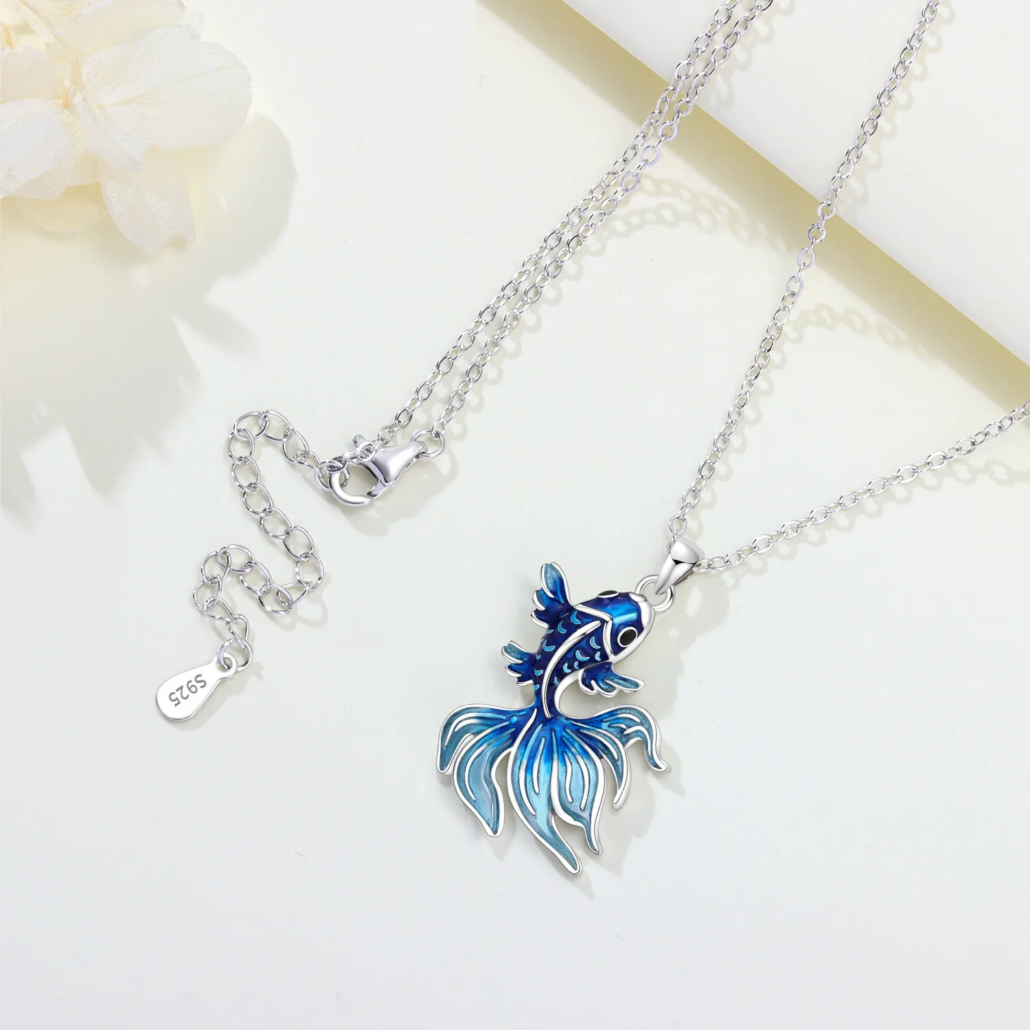 925 Sterling Silber Damen Halskette und Ohrringe Set Blaue Glückskoi-Fisch Ohrringe Set Exquisites Party-Schmuckset Jubiläumsgeschenk – Detail 8
