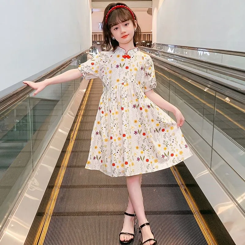 Girls' Summer Trendy Short Sleeved Cheongsam Skirt Children's 2026 New Chinese Dress Kids' Breathable Cotton Qipao Dress LJ297