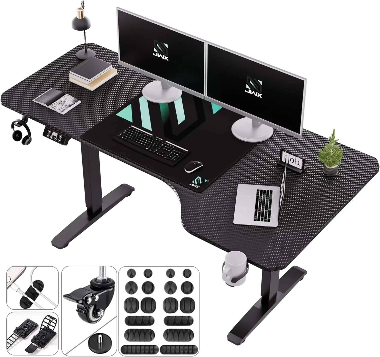 

Standing Adjustable Desk, 63 inches L Shaped Electric Standing Gaming Desk with Locking Wheels, Cup Holder, Headphone Hook