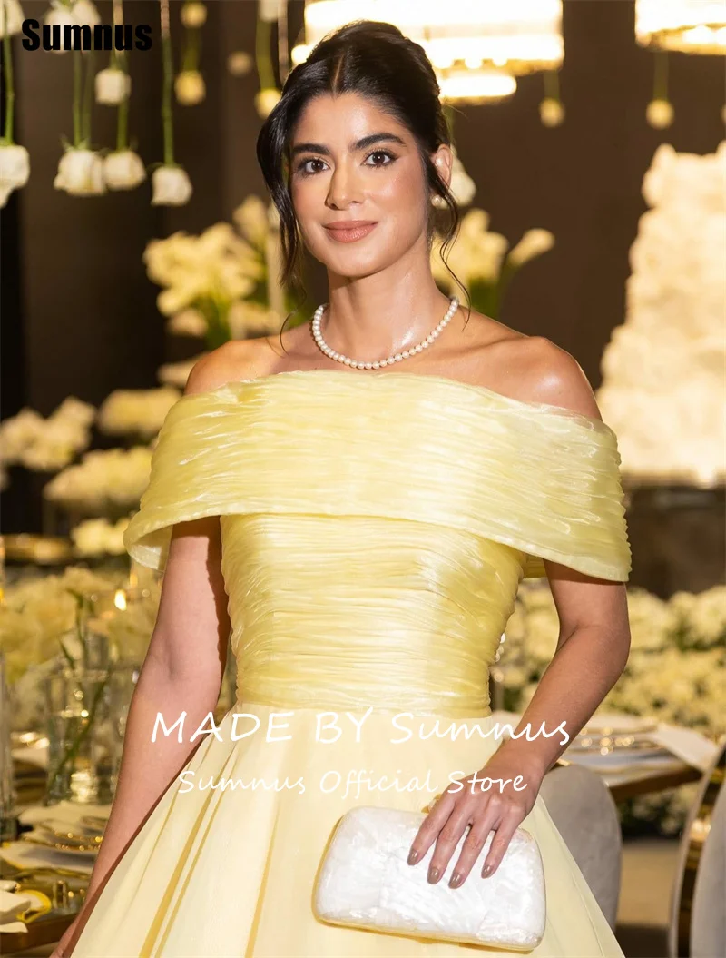 Sumnus Elegant A-Line Prom Dress Yellow Off Shoulder 3D Flowers Formal Pleats Evening Dress vestidos Customized