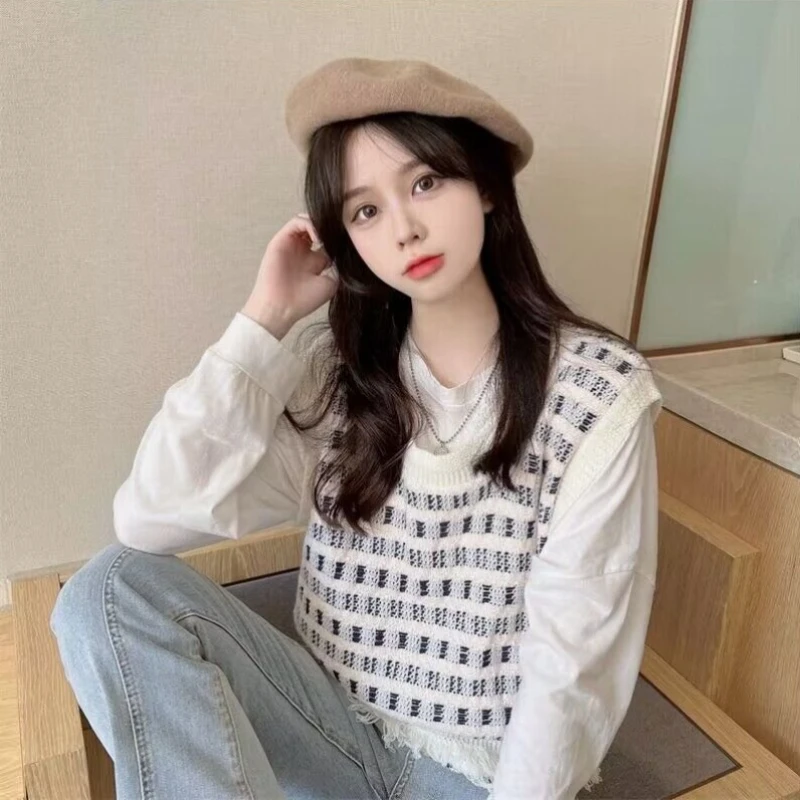 

Женский винтажный вязаный жилет, короткий пуловер, свитер с круглым вырезом, кардиган с бахромой, многослойная верхняя одежда на весну и осень, привлекательная