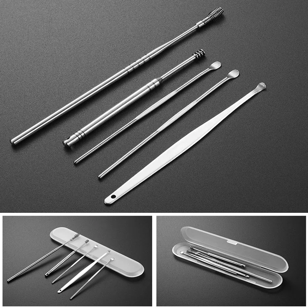 5Pcs/set Ear Cleaner Ear Wax Pickers Stainless Steel Earpick Wax Remover Kit Earwax Curette Spoon Care Ear Clean Tools