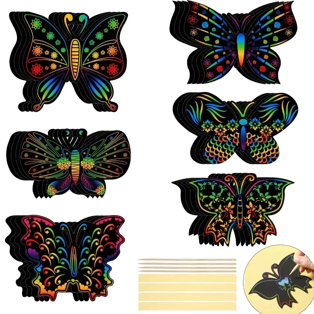 6/12Pcs Set Magic Scratch Art Butterfly Scratch Drawing Paper Bookmarks Kid Painting Book Creative Card Sticker Educational Toys