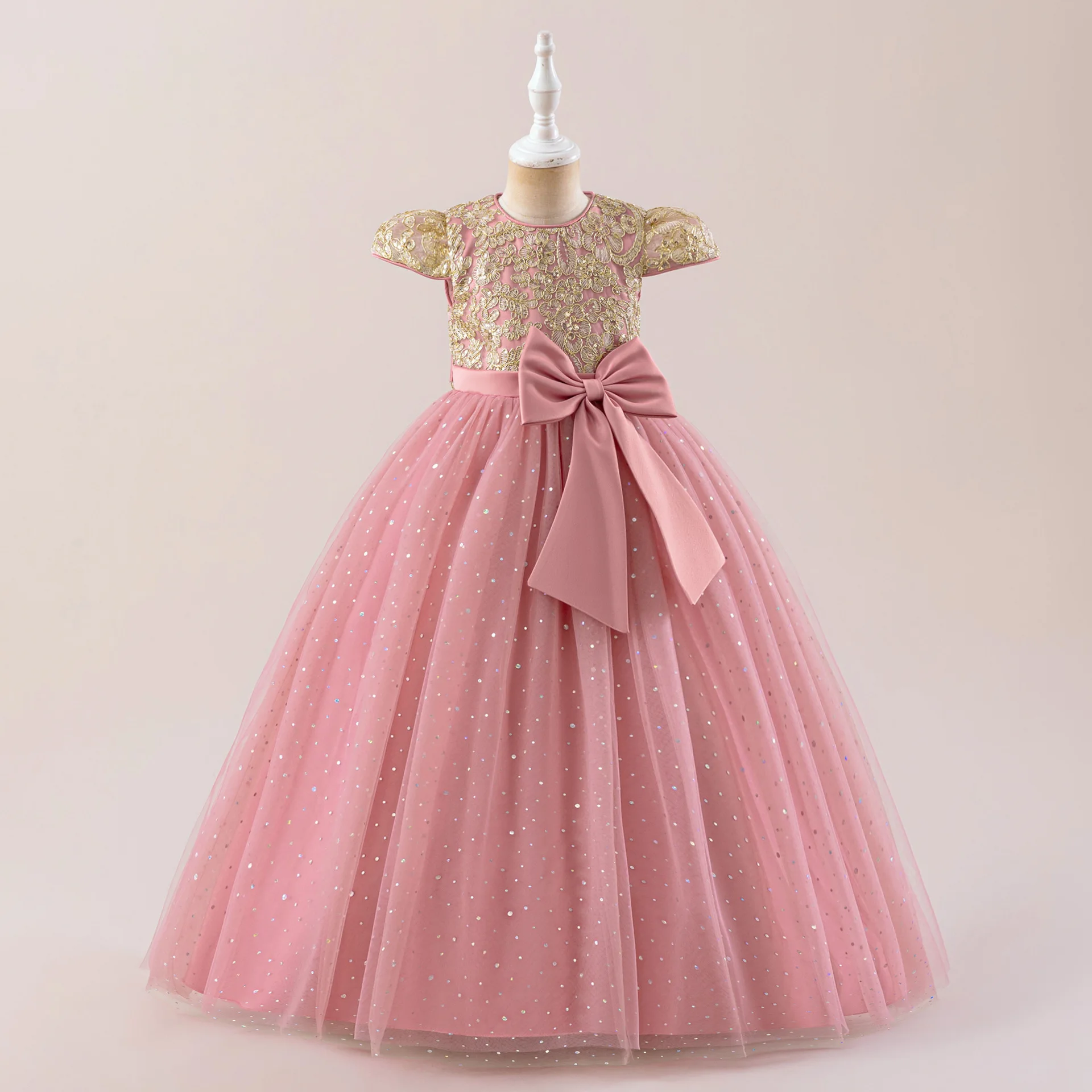 Girls Dress Skirt European and American Bubble Sleeve Sequined Flower Girl Princess Skirt Applique Floor-to-ceiling Dress
