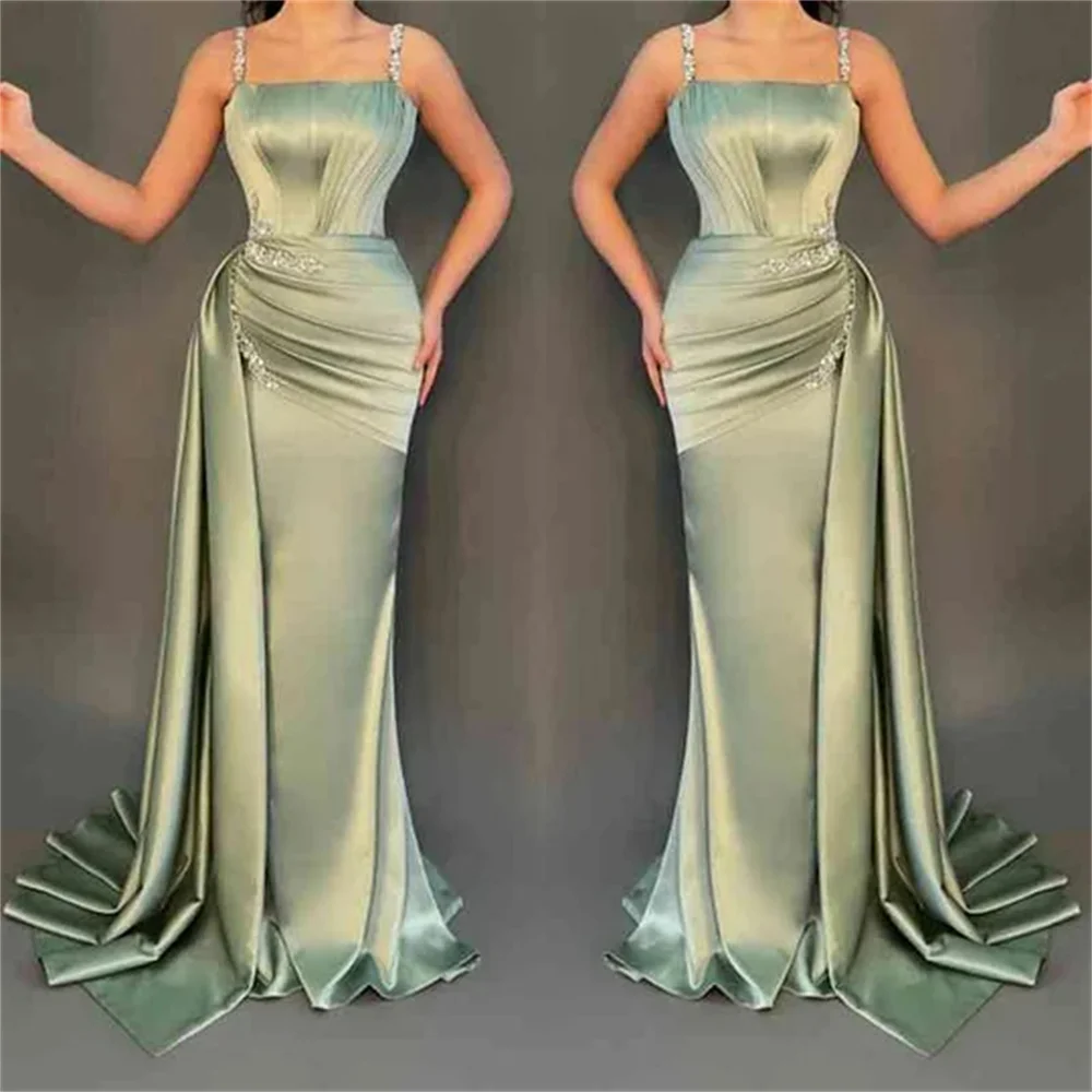 Bella Green Satin Prom Dresses, vestido de casamento Spaghetti Strap, elegante sem mangas, pregas até o chão, 2022