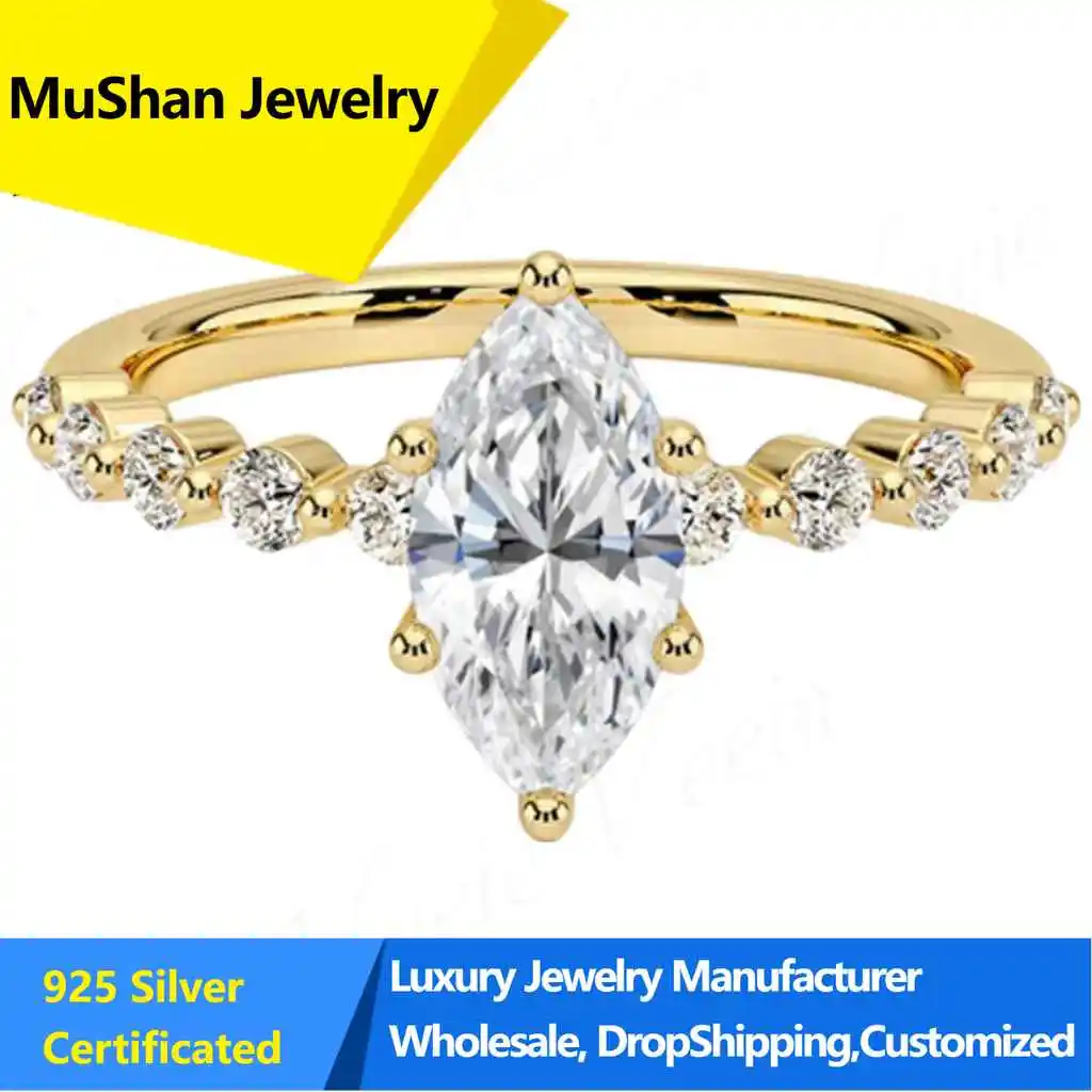MuShan Jewelry Cultured Diamond Ring S925 Sterling Silver Horse Eye 1 Carat Wedding Ring Fashion Wedding Ring Pure 9 10 14k