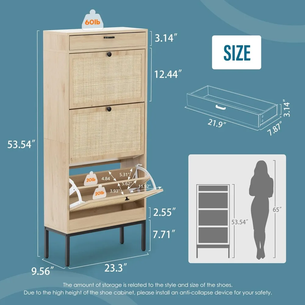 Freestanding Shoe Cabinet with 3 Flip Drawers, 2 Layer Shoe Shelf, Natural Rattan Shoe Storage Organizer