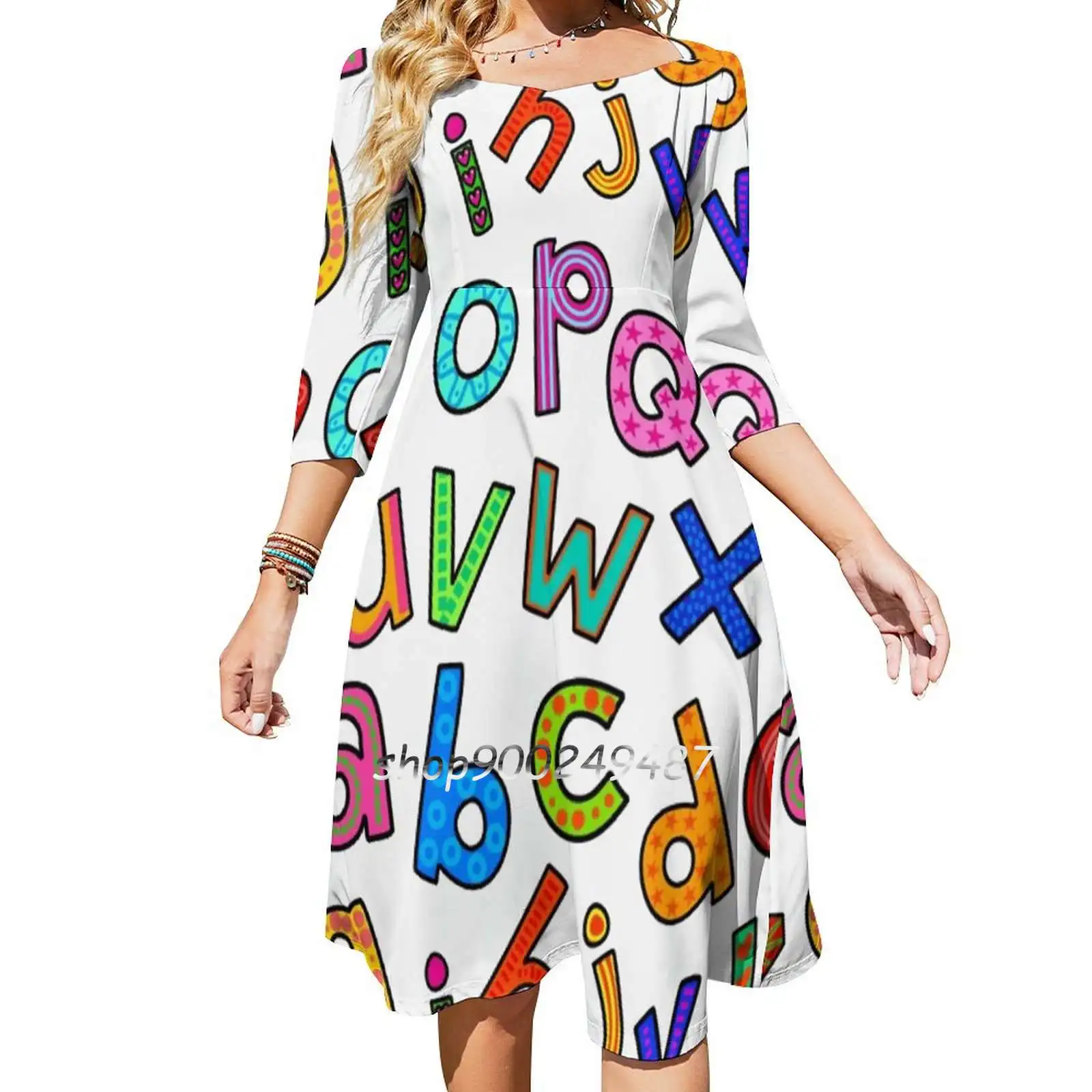 Doodle Alphabet Letters Flare Dress Square Neck Dress Elegant Female Fashion Printed Dress Alphabet Letters Lettering Text Font