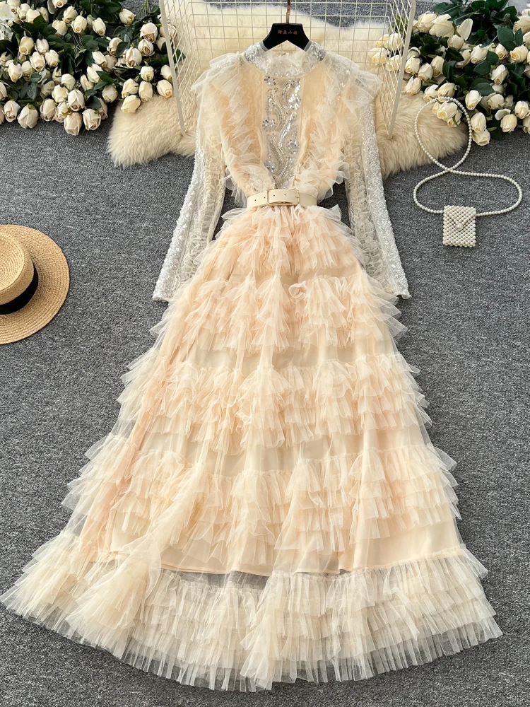 우아한 오버사이즈 비즈 자수 메쉬 퍼프 드레스 여성 슬림 하이웨이스트 롱 스커트 한국 스타일 출퇴근 패션