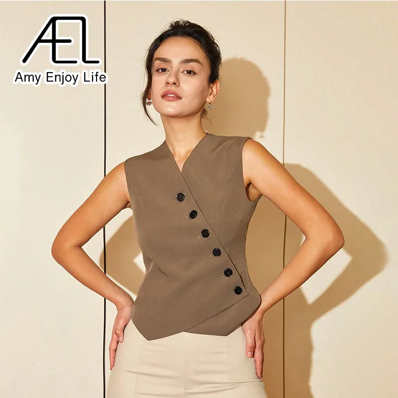 AEL Women\'s Irregular Vest Women Fashion Front Buttons Cropped Waistcoat Vintage V Neck Sleeveless Female Outerwear Chic Tops