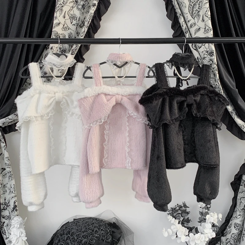 اليابانية Rojita نمط الحلو لطيف Dailywear Y2k تريكو البلوز السيدات طويلة الأكمام سترة أبيض وردي أسود 3 الألوان المتاحة #5