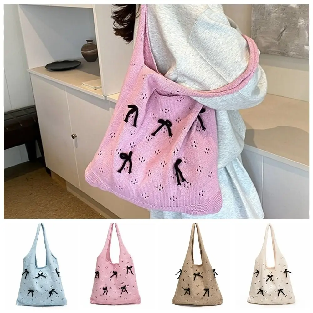 

Leisure Hollow Bow Knitted Shoulder Bag Square Aesthetic Knitted Crochet Handbag Underarm Bag Hobo Beach Tote Bag Girls