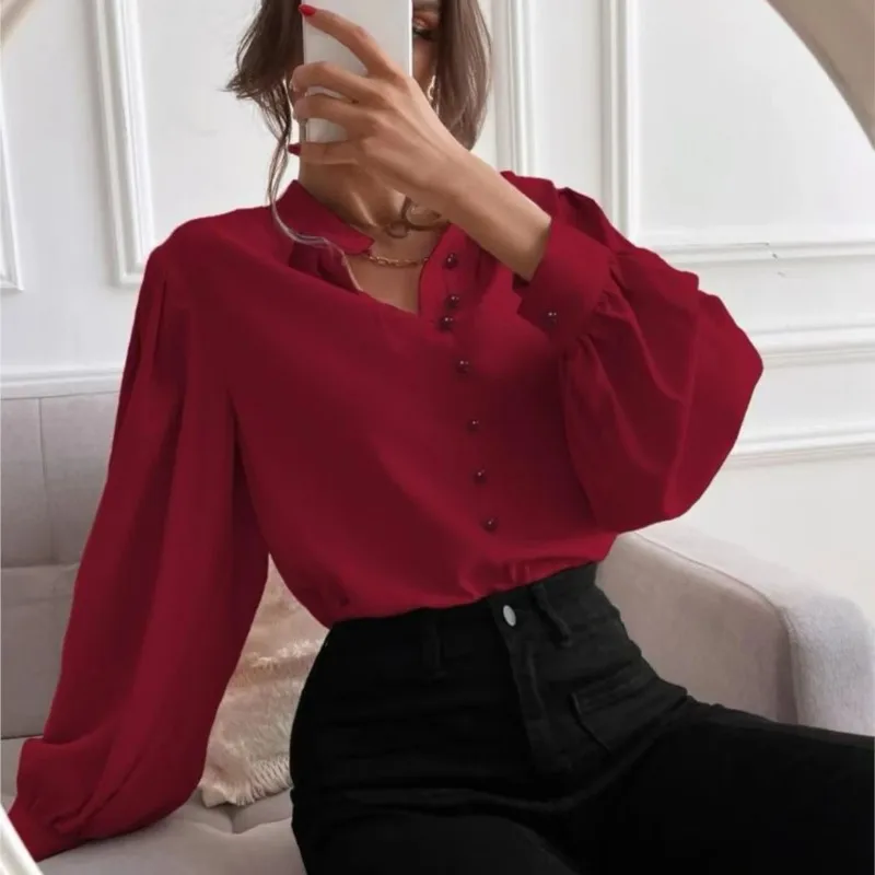 Ladies Elegant Shirt Solid Color Lapel Long Sleeve Single Row Button Loose Top Shirts Women Color Fashion Commuting Blouses