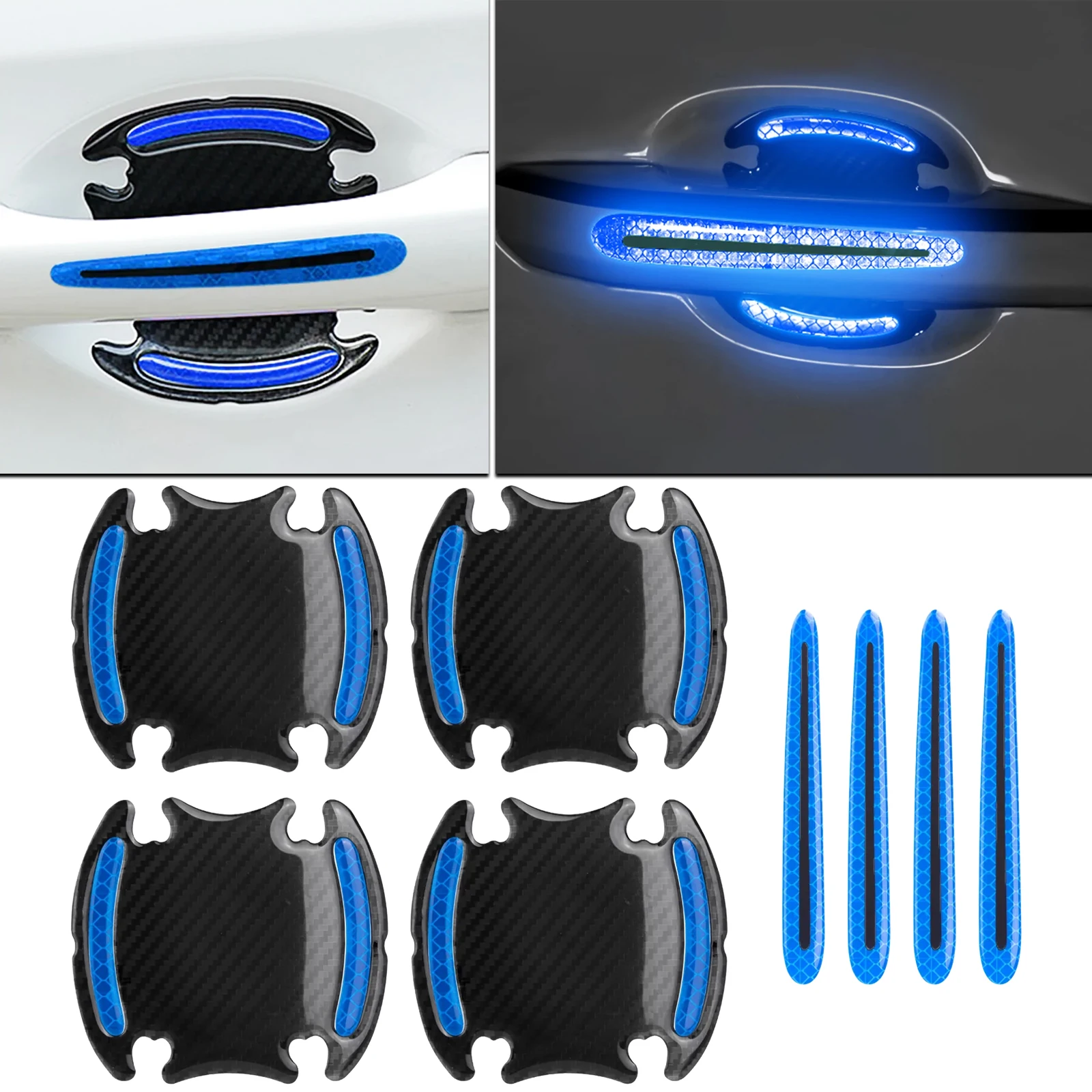 8PCS Blue Carbon Fiber Reflective Door Handle Door Bowl Guard Protect Sticker Night Warning Safety Strip Anti-Scratch Decoration