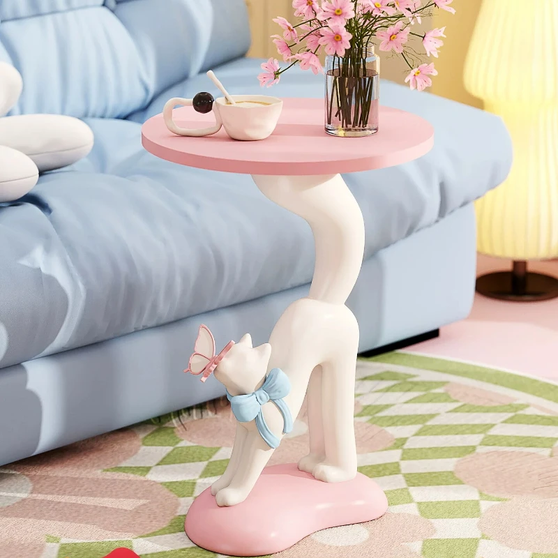 Pink Cat Resin Creative Table, High Beauty Bedchamber Floor Ornament,Cute Living Room Side Stand,Adorable Girl Room Coffee Decor