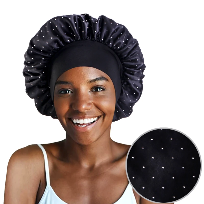 New Full Rhinestone Wide Band Bonnet Satin Night Sleep Hat Hair Care Turban Bandanas Cap Headwrap Salon Shower Makeup Headband