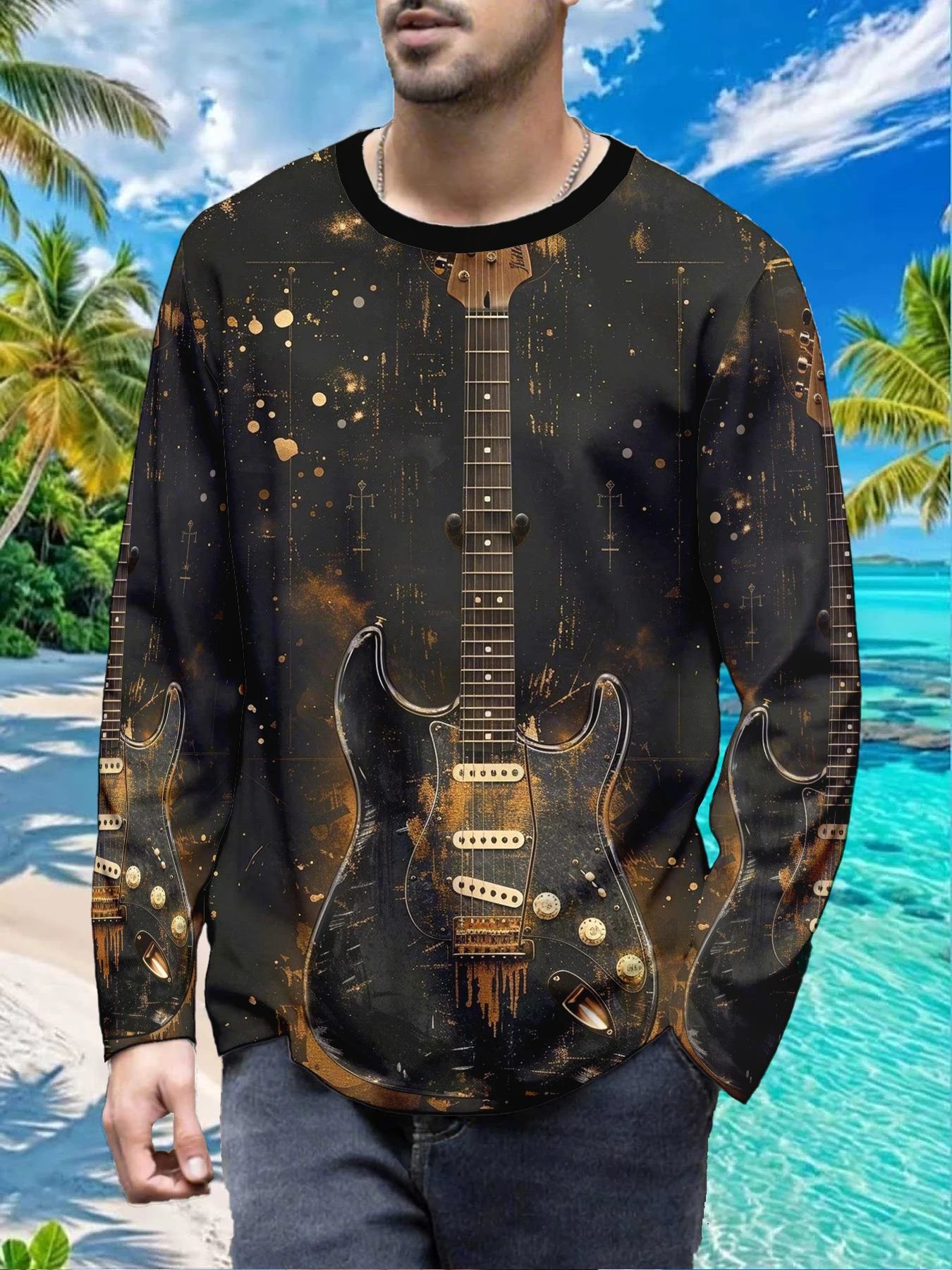 Vintage Rock Guitar Music Gold Black Print Mens Polyester Long Sleeve T Shirt Distressed Retro Music Instrument Print Graphic Te