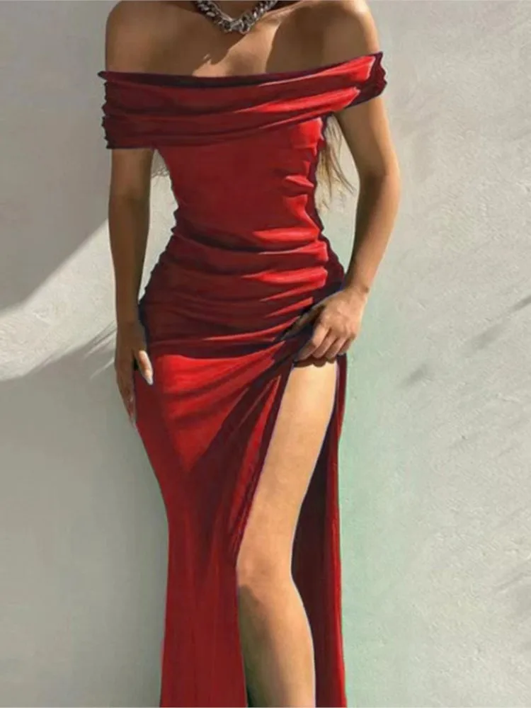 

Women's Summer New Tight Dress Solid Color Sexy Sleeveless One Piece Collar Off Shoulder Hem Split Mid Length Dress
