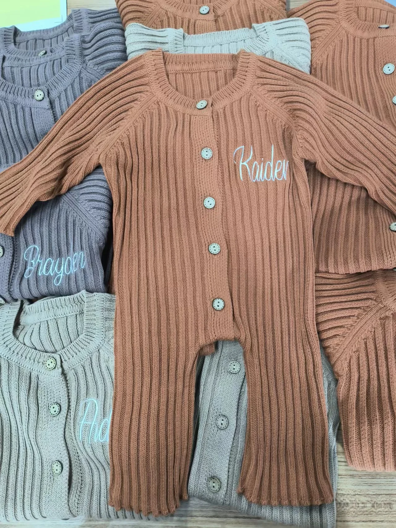 Personalized Solid Knitting Cotton Long Sleeve Outfit Toddler Baby Boys Girl Romper Spring Autumn Newborn Baby Girls Jumpsuit