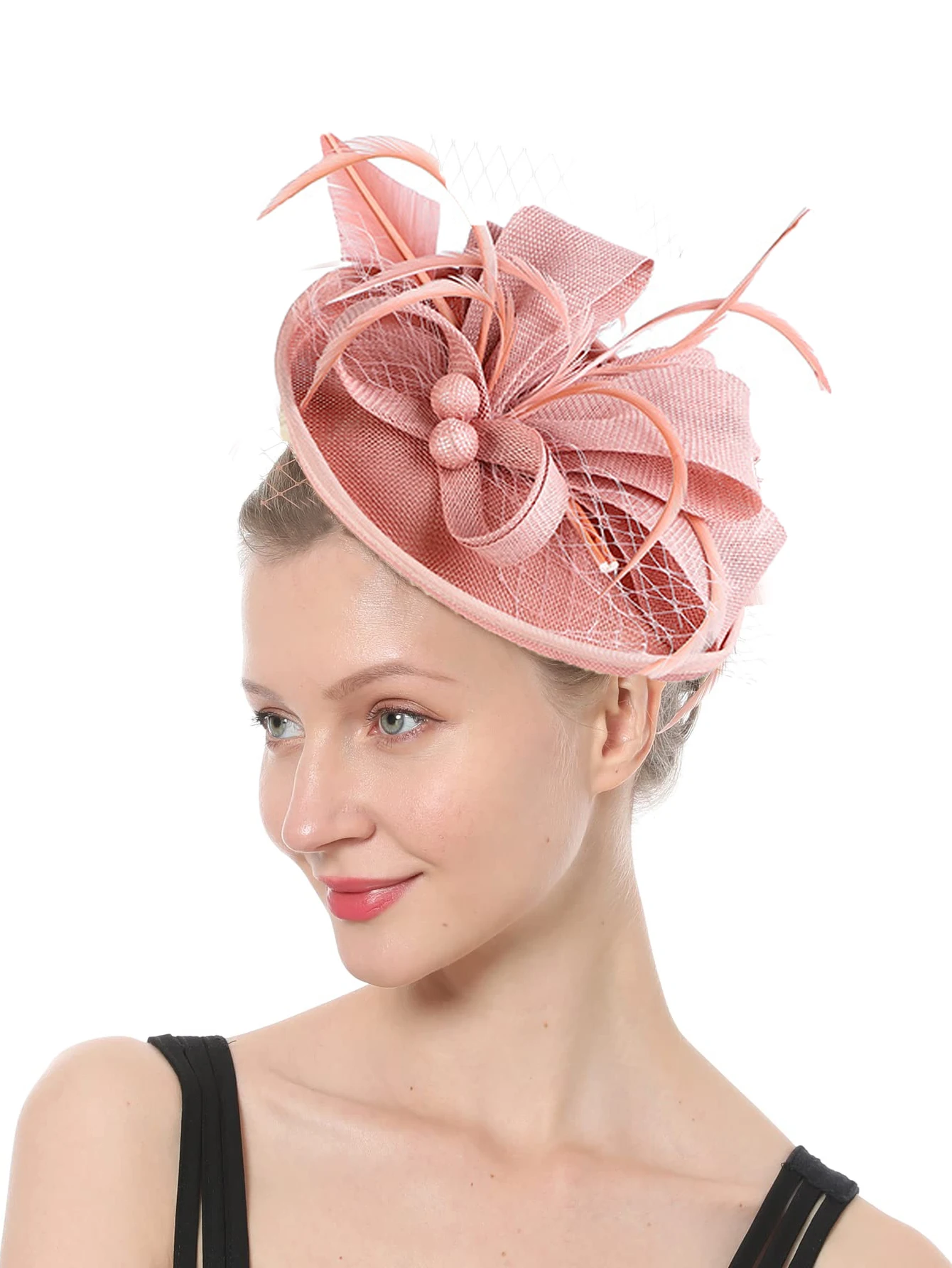 2025 Neuer tropfenförmiger Sinamay-Loop-Schleier und Feder-Fascinator, formeller Hut, Kentucky Derby, Ascot, Melbourne Cup, Kirchen-Kopfbedeckung – Detail 1