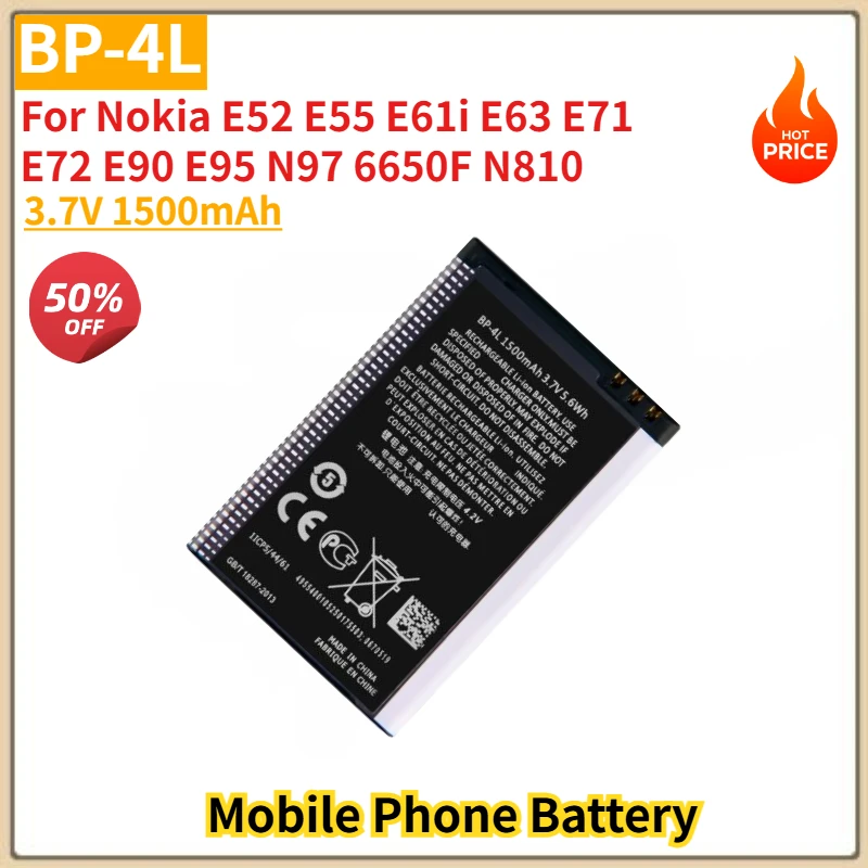 

BP-4L BP4L High Quality Phone Battery 3.7V 1500mAh For Nokia E52 E55 E61i E63 E71 E72 E90 E95 N97 6650F N810 Brand New