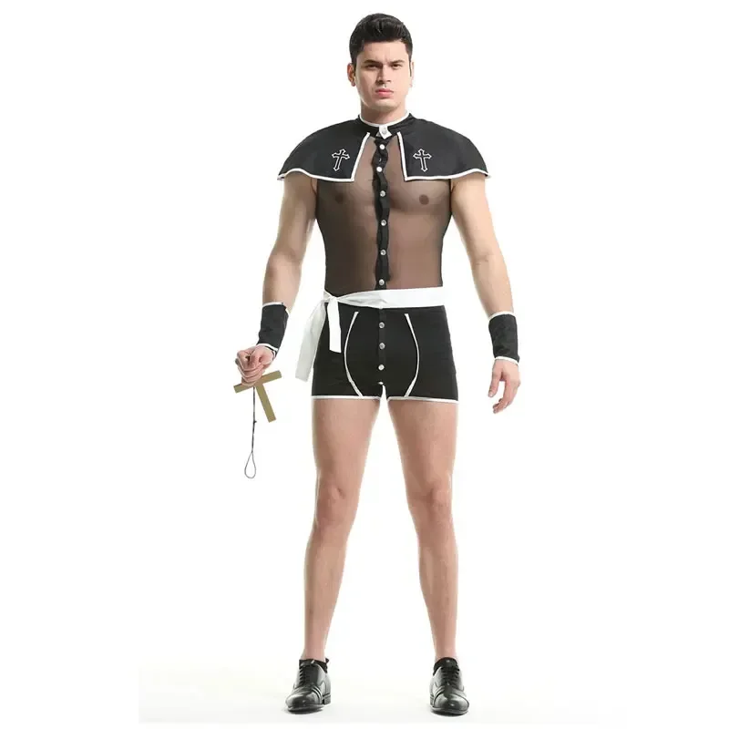 

Halloween Role Play Pastor Outfit Carnival Easter Mens Sexy Mesh Priest Cosplay Uniform Set Gay Bar Dance Perform Set