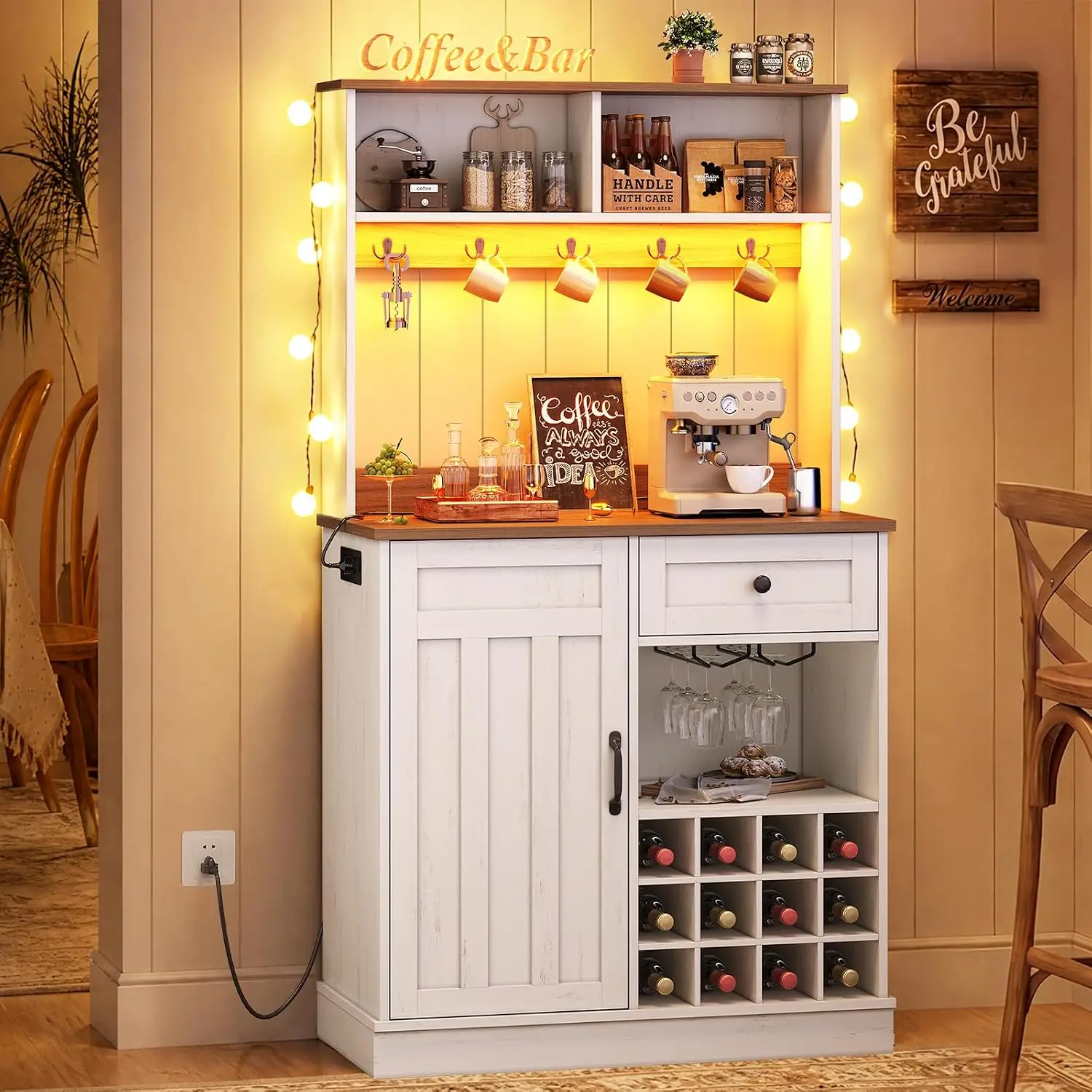 Coffee Bar Cabinet with Storage Hutch, Power Outlet & LED Light, 57.5