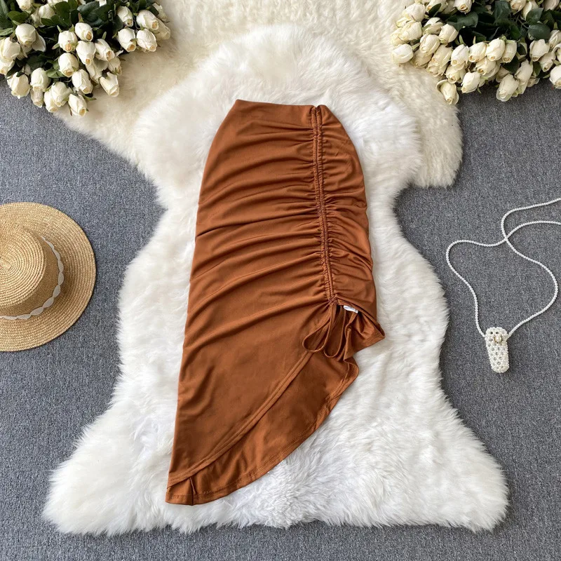 Retro Sle Vita alta f Gonna corpo Design unico Senso fessura Dstring Gonna aderente a pieghe Nuovo 2024 Colore di media lunghezza