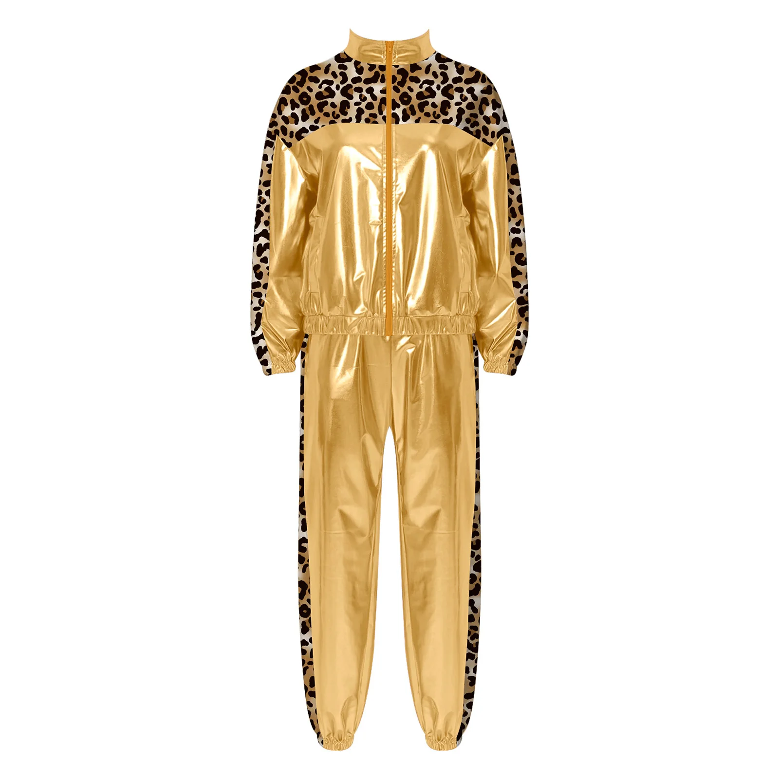 Damen Metallic Glänzendes Disco Hip-Hop Kostüm 80er Jahre Jazz-Tanz-Outfit Langarm-Jacke mit Frontreißverschluss und Jogginghose – Detail 10