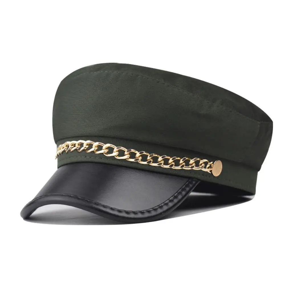 Retro Gold Chain Decor Newsboy Cap PU Leather Adjustable Beret Hat All-Match Casual Flat Top Cap For Women