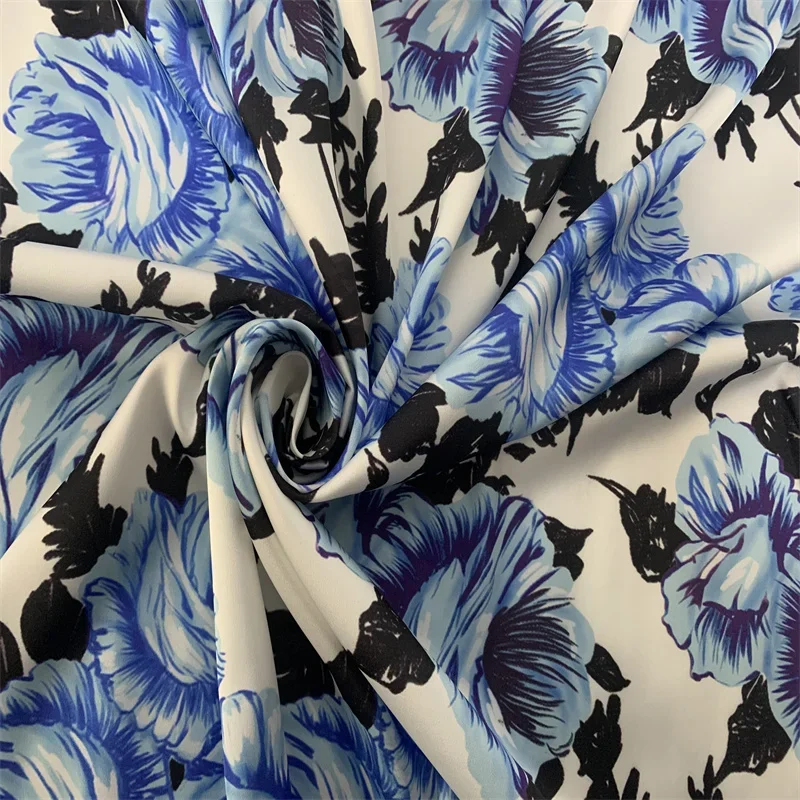 Brand Blue Rose Pattern Printed on High Quality Mitation Silk Stretch Satin Fabric for Dress DIY Sewing Skirt Material Per Meter