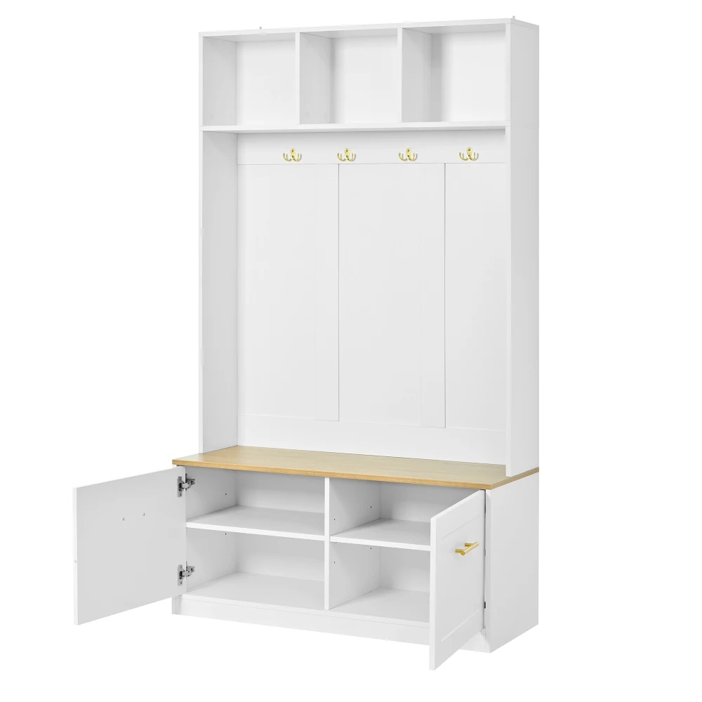 PINGGO Naturweißes Kompaktes Kleiderschrank-Set mit Sitzbank 2 Türen Offene Aufbewahrung 4 Haken 105x40x180cm – Detail 13