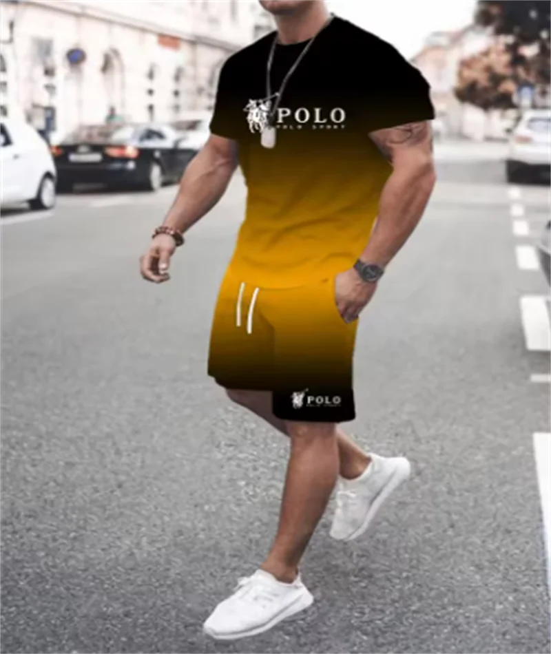 

2025 Summer casual men's set T-shirt + Shorts two-piece comfortable and breathable men's top printed T-shirt set