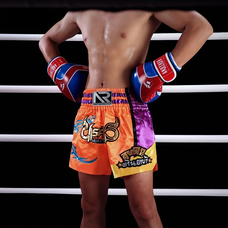 Embroidery Men Muay Thai Shorts Elastic Waist Loose Wide Leg Kickboxing Training Fight Trunks