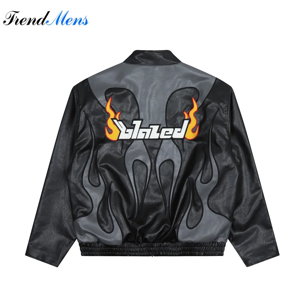 

Men's Embroidered Flame Jacket Label Patch Color Contrast Stitching Motorcycle Racing Suit Street Hip-hop Harajuku Leather Coat