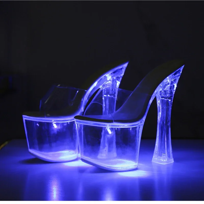 Nightclub LED Light Slippers 18cm Thick High Heels Sandals Sexy Shoes Woman Catwalk Pole Dancing Crystal Clear Platform Pumps