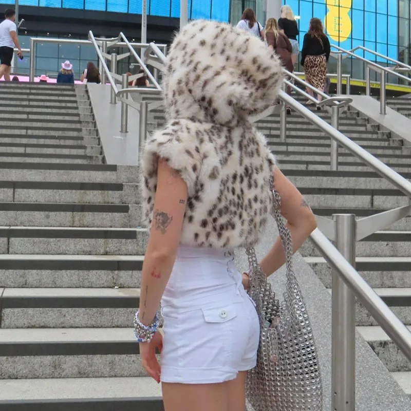 DSMTRC Fashion Faux Fur Leopard Printed Hooded Vest Jacket Women Clothing Streetwear Sleeveless Crop Tops Sexy Night Club Outfit