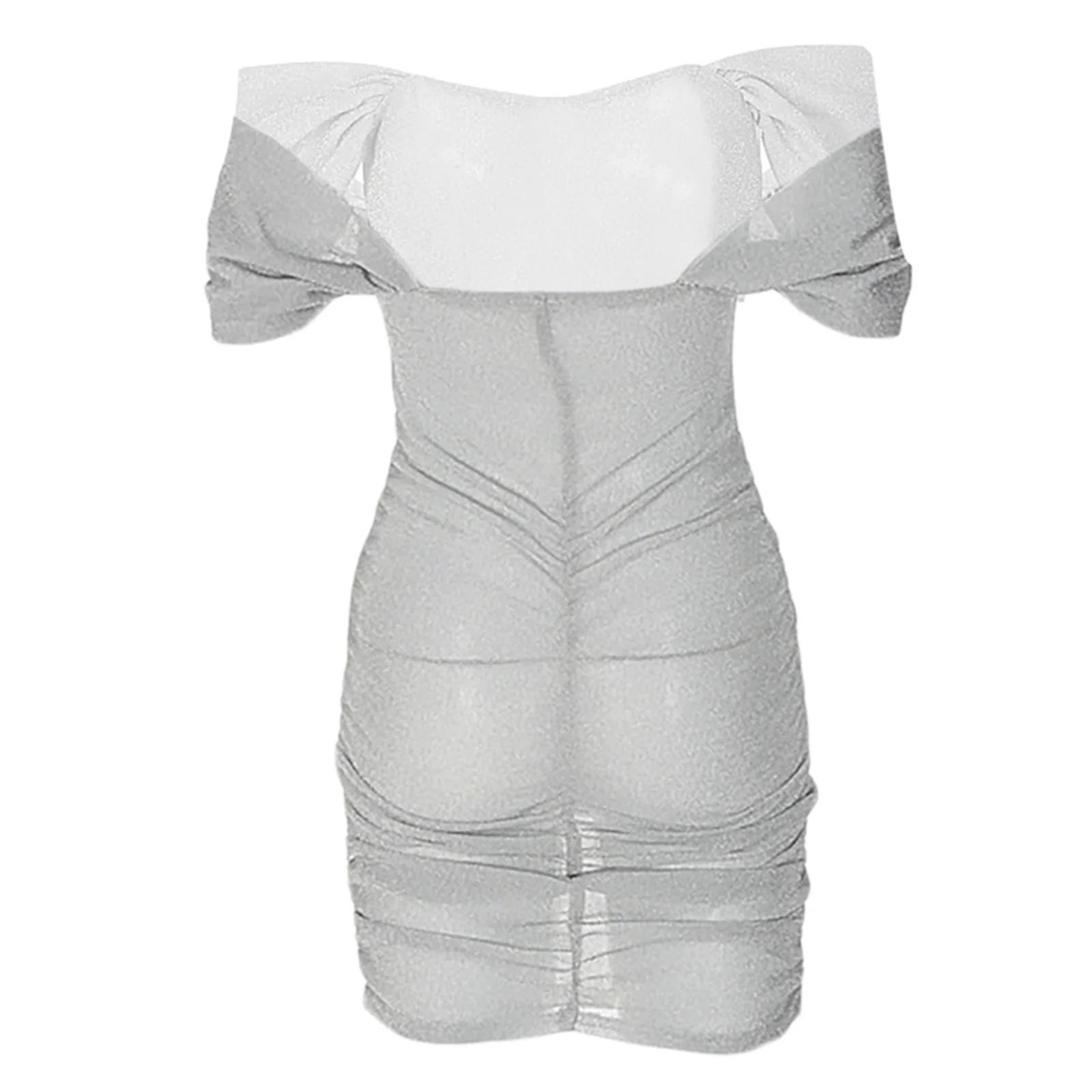 Women Summer Dress Off Shoulder Short Sleeve High Waist Wrapped Silver Black Midi Shoulder pleated sleeve hip dress