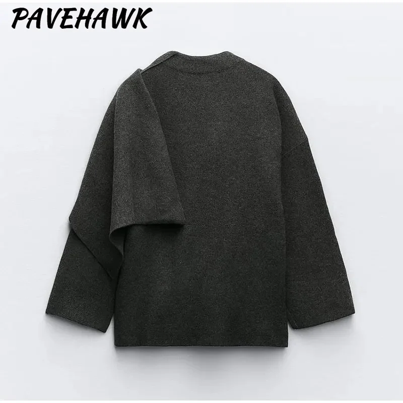 여성을위한 새로운 비대칭 니트 스카프 코트 솔리드 컬러 긴 소매 오버 사이즈 짧은 코트 가을/겨울 그레이 우아한 여성 코트