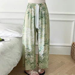 Summer New Floral Printed Sleep Bottoms Women Pajama Pants Soft Viscose Lounge Trousers Elastic Waist Thin Home Wide Leg Pants