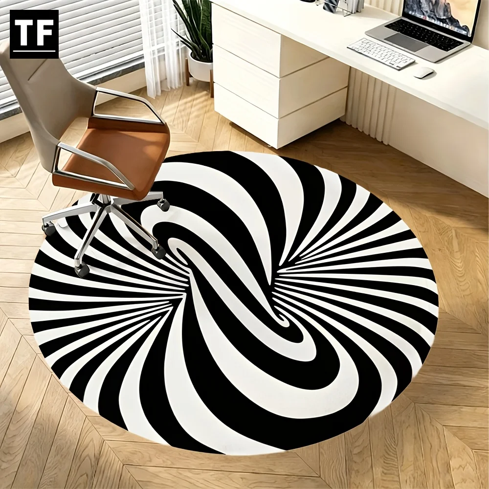 Black White Swirl Optical Illusion Round Rug  Vortex Geometric Circular Mat Non Slip Soft Floor Carpet for Office Desk Bedroom