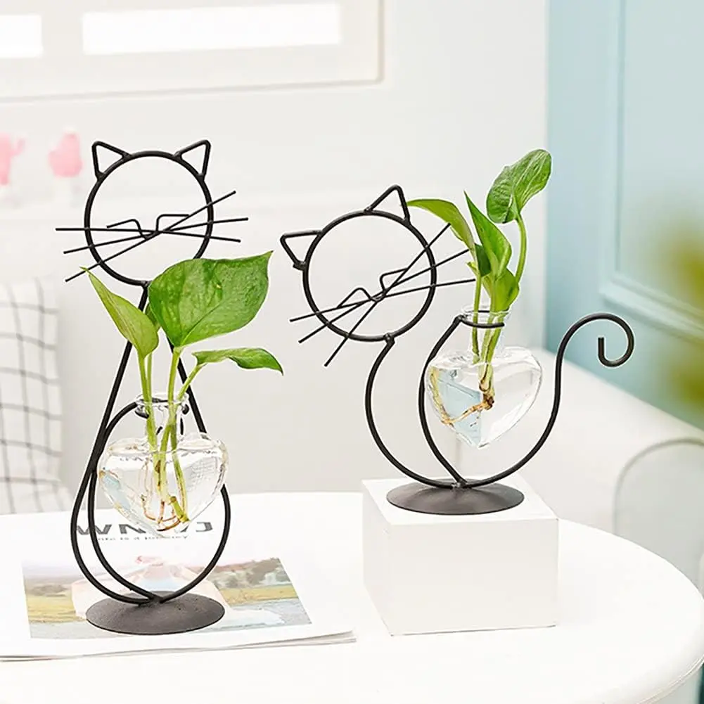 2PCS Desktop Glass Planter Vase Holder, Cat Plant Metal Stand, for Hydroponics Plants Terrarium, Home Garden Decor