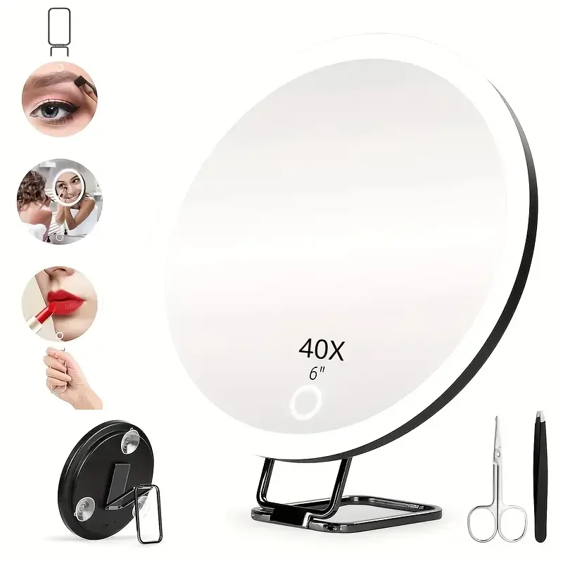 1 miroir grossissant 40X avec lumière, éclairage couleur réglable, comprend 3 ventouses, support et clips, parfait pour la vanité de maquillage