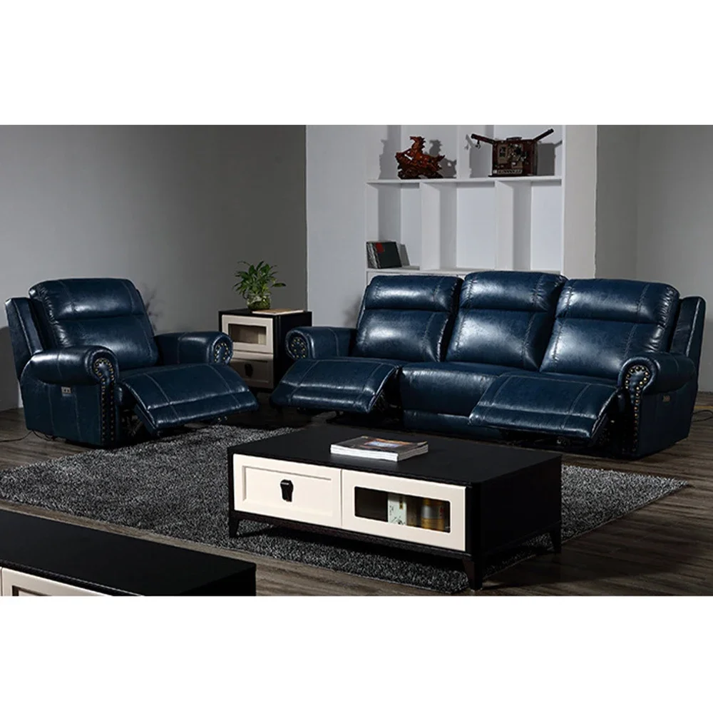 

Luxury Genuine Leather Power Recliner Sofa Set, 1+3 Seater Electric Reclining Couch with Nailhead Trim, Home Theater Seating