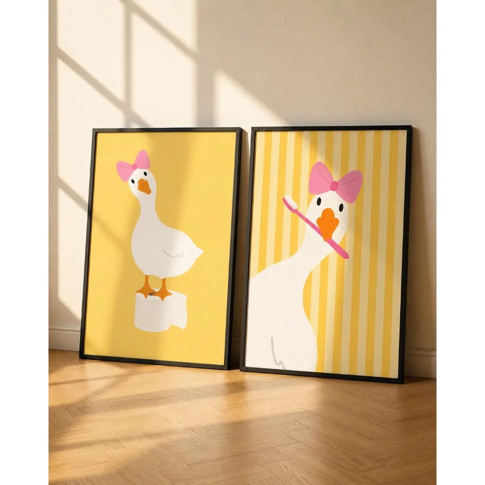 2pcs Frameless,2D Flat ,Frameless,Funny Goose Bathroom Art Printing,Yellow Toilet Paper Guest Decor,Digital Download,Toilet Bath