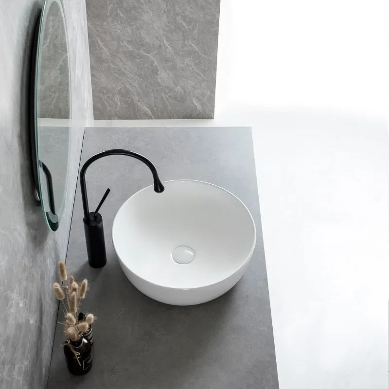 

Bathroom Bar White Ceramic Sink Counter Round Bowl White Countertop Sink Art Basin with Silver Faucet Drain