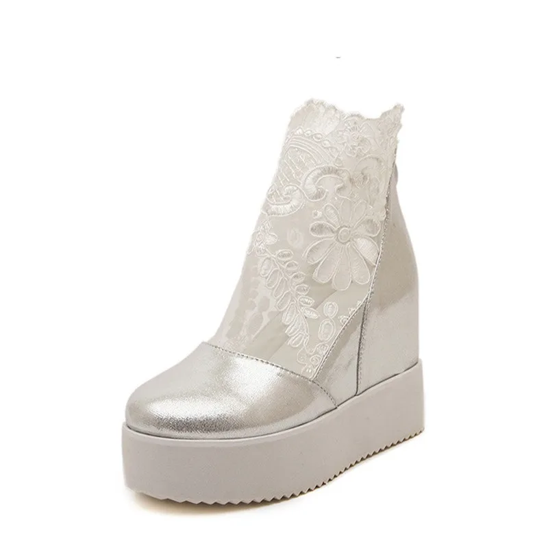 Botines de cuña de encaje para mujer, blancos, con malla floral, plataforma oculta, botines dulces para novia, boda, fiesta, vestido casual, sandalias de tacón.