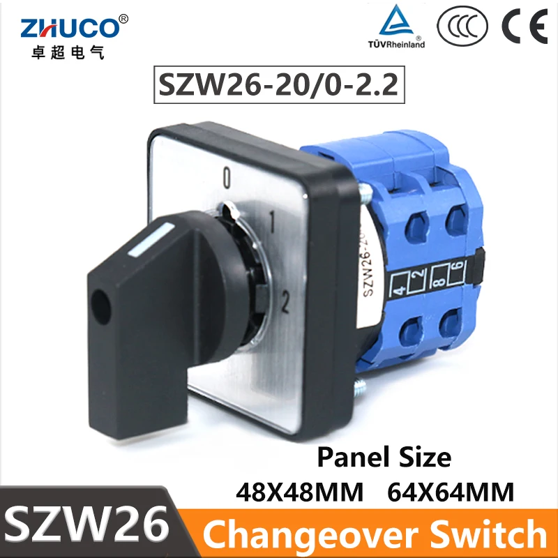 

ZHUCO SZW26/LW26-20 20A 660V 2 Phase 8 Screws Terminals Three Position Universal Changeover Cam Switch 64X64/48X48 mm Panel